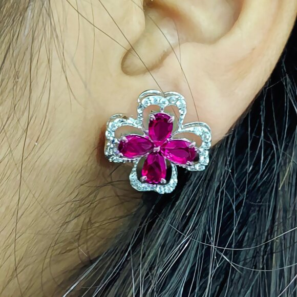 Sterling Silver Embedded Rubies Indian Handmade Women Earrings - Picture 4 of 5